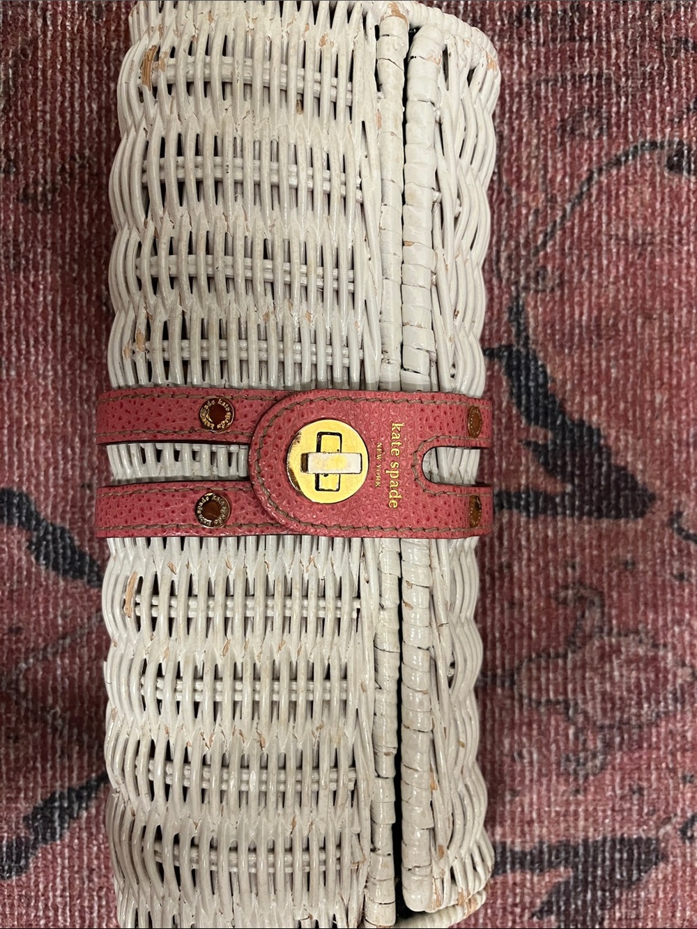 kate spade White Woven Straw Clutch with Pink Leather Strap and Gold Hardware